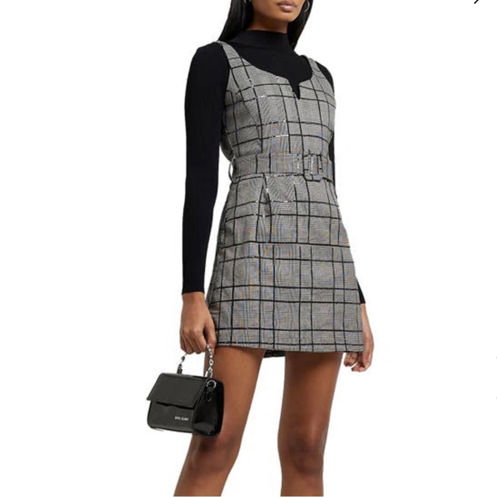 River Island Pinny Belted Sequin Embellished Check Minidress UK 8/US4